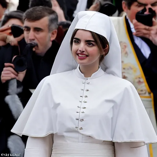 Image similar to A new pope is elected and it is Ana de Armas. She wears the Pope dress and greet the faithful in Piazza San Pietro from the Popemobile