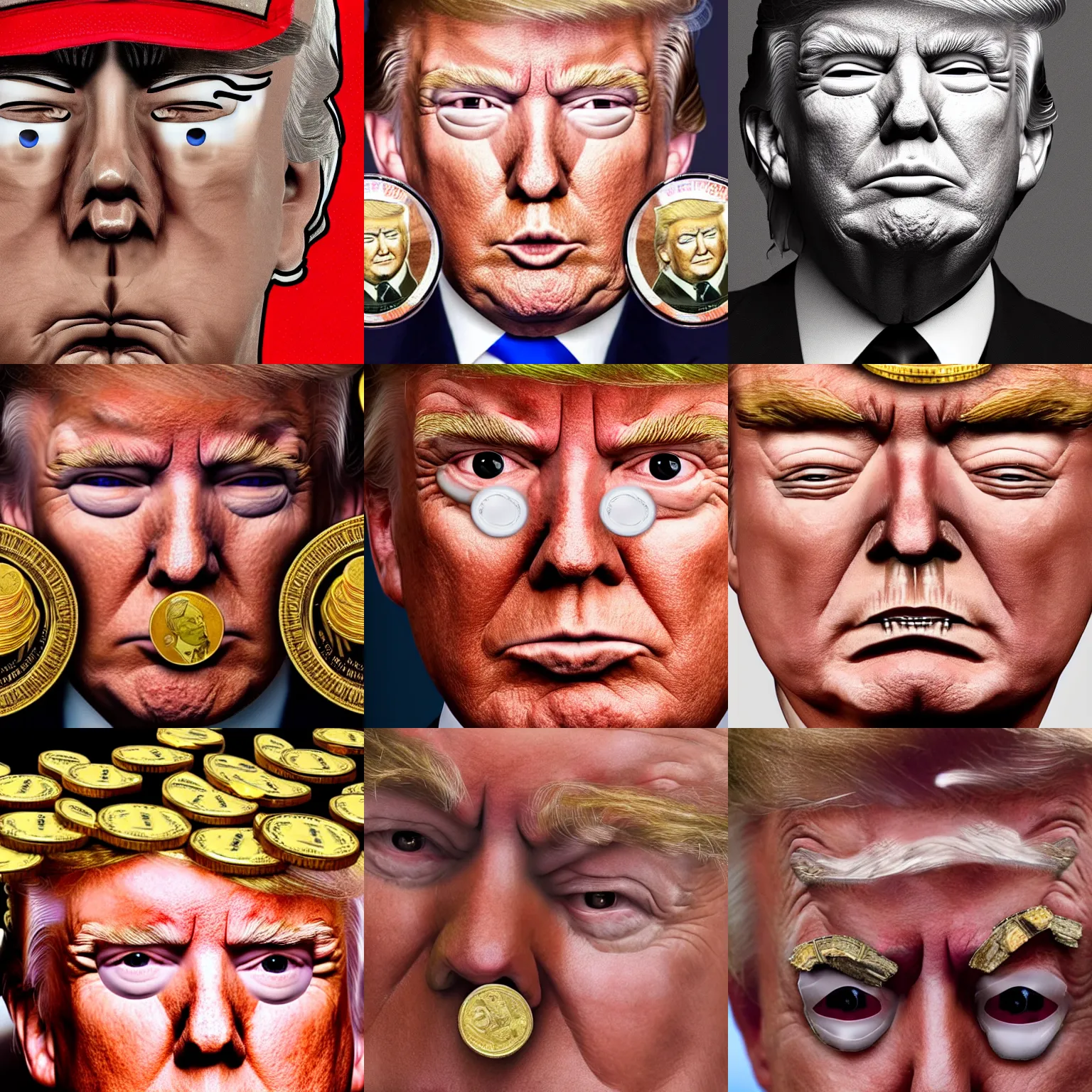 Prompt: donald trump with coins on top of his eyes, close - up, photorealistic face, symmetrical face, portrait photography 4 k