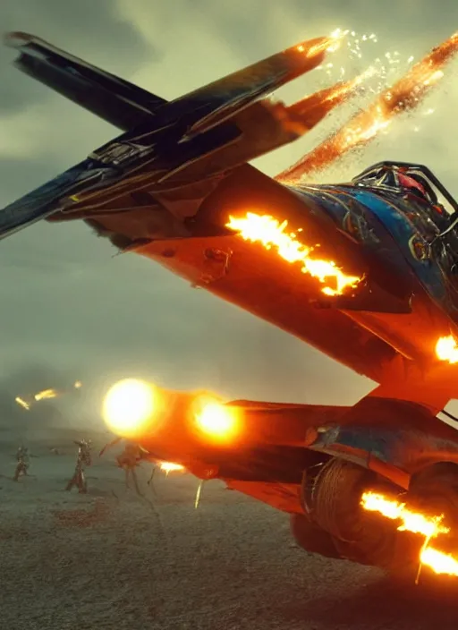 Prompt: george miller, movie shot, x wings over a black icelandic beach with explosions of red and blue and yellow and green and orange powder, crowd of spectators in stadium, day, aerial, mad max fury road, 8k render