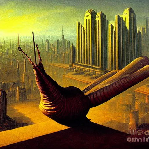 Image similar to a giant snail stands over a city painting by barlowe, behsinski colors. masterpiece painting