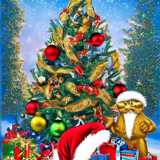 Prompt: highly detailed neopets sitting on steven seagal beneath a christmas tree, realistic,