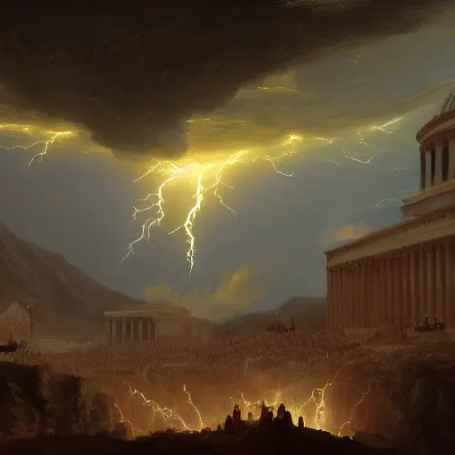 Image similar to Capitol Riot lead by marmots painted by Thomas Cole with dramatic lightning, concept art, matte painting, 8k, highly detailed, artstation
