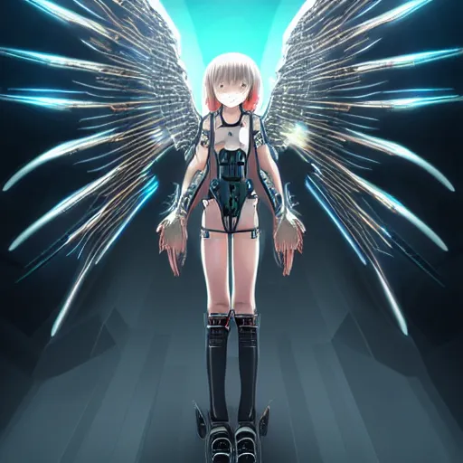 Image similar to cute small cyborg - angel girl with large angelic wings standing on the edge of a rooftop overlooking a dystopian city, left eye gold and right eye silver, biomechanical details, bionic cyborg implants, digital cyberpunk - anime art, full body shot