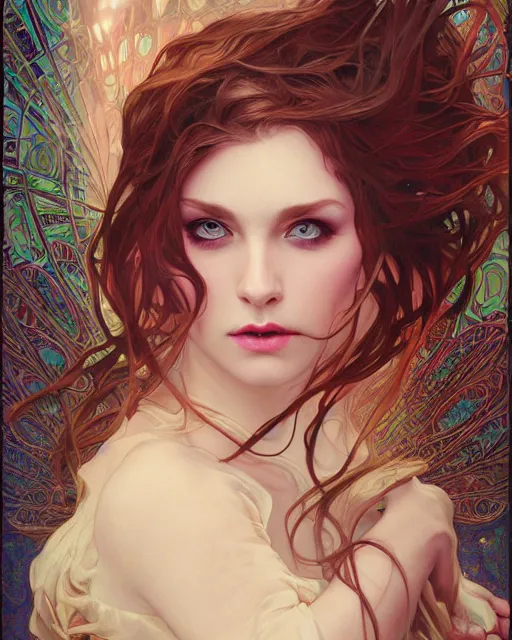 Image similar to portrait of demon girl, dreamy and ethereal, expressive pose, big blue eyes, exciting expression, fantasy, intricate, elegant, psychedelic smoke, highly detailed, digital painting, artstation, concept art, smooth, sharp focus, illustration, art by artgerm and greg rutkowskiand alphonse mucha