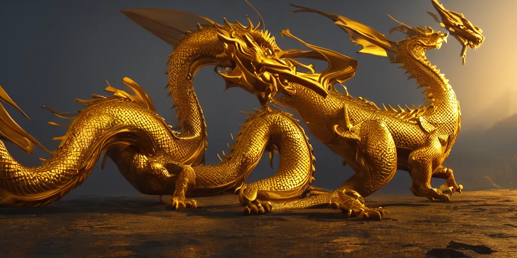 Prompt: golden dragon, unreal 5, hyperrealistic, realistic, photorealistic, dynamic lighting, highly detailed, cinematic landscape, studio landscape, studio lighting