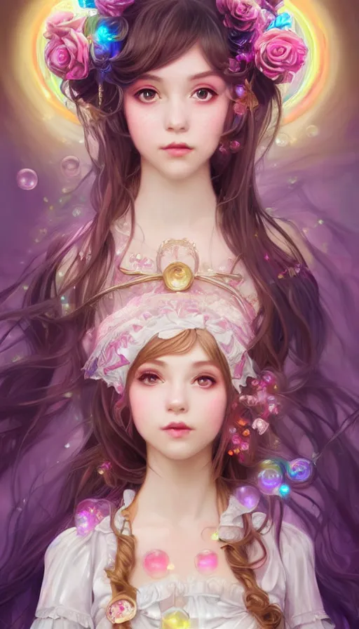 Image similar to portrait of magical lolita girl, dreamy and ethereal, expressive pose, big gold eyes, exciting expression, fantasy, intricate, elegant, many rainbow bubbles, rose tones, highly detailed, digital painting, artstation, concept art, cyberpunk wearing, smooth, sharp focus, illustration, art by artgerm and greg rutkowskiand alphonse mucha