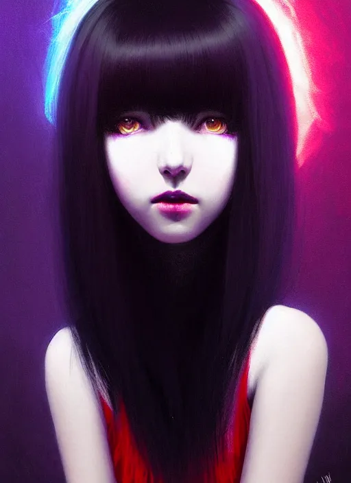 Image similar to hair blackbangs hair, white hair, blackbangswhitehair, portrait of teenage girl with black bangs, red irises, purple clothes, black bangs, bangs are white hair is black, intricate, elegant, glowing lights, highly detailed, digital painting, artstation, concept art, sharp focus, illustration, art by wlop, mars ravelo and greg rutkowski