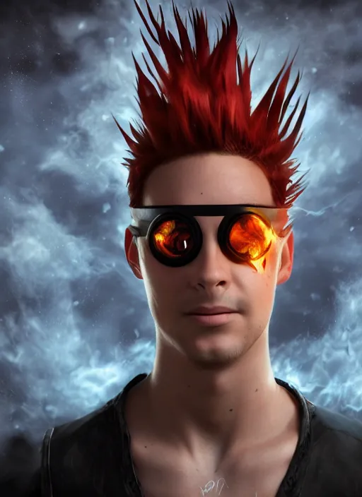 Image similar to An epic fantasy comic book style portrait painting of young man with red spiked long hair, using googles. Wearing a black waistcoat, white shirt. Fire on his hands. Unreal 5, DAZ, hyperrealistic, octane render, cosplay, RPG portrait, dynamic lighting