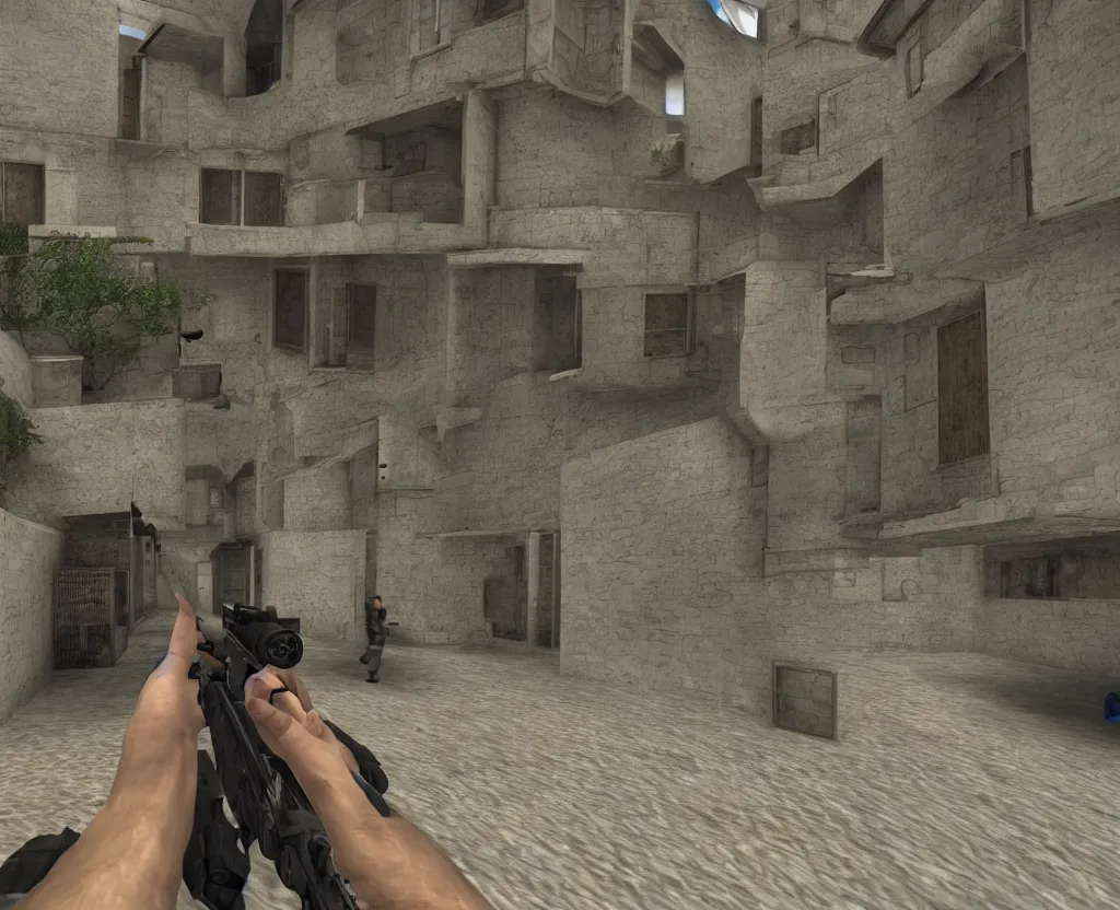 Image similar to first person shooter point of view, counter strike, persian miniature