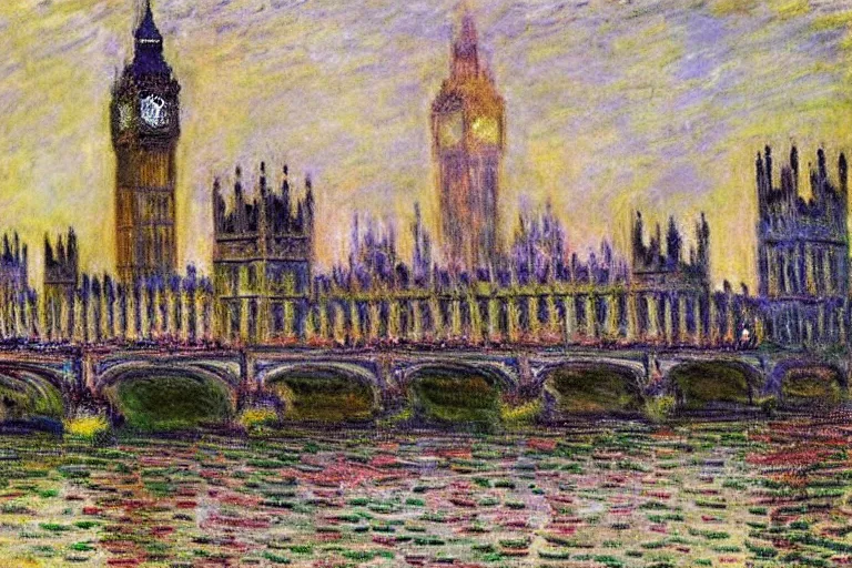 Image similar to Palace of Westminster, illustrated by Claude Monet, very detailed