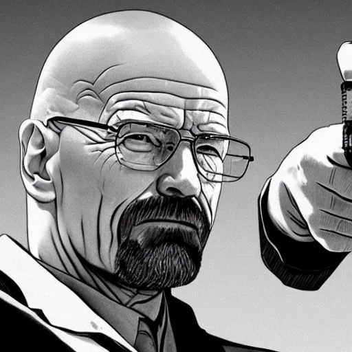 Image similar to Walter White pointing a gun at center, accurate anatomy, highly detailed