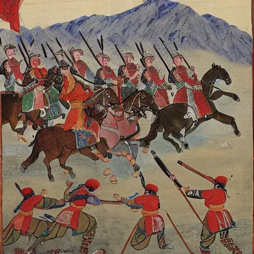 Image similar to Mongol Khan ambushes a column of Song Dynasty soldiers in the mountains