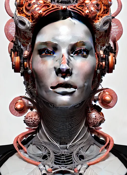 Image similar to portrait of an absurdly beautiful, graceful, sophisticated, fashionable cyberpunk mechanoid, hyperdetailed illustration by irakli nadar and alexandre ferra, intricate linework, white porcelain skin, faberge, coral headdress, unreal engine 5 highly rendered, global illumination, radiant light, detailed and intricate environment