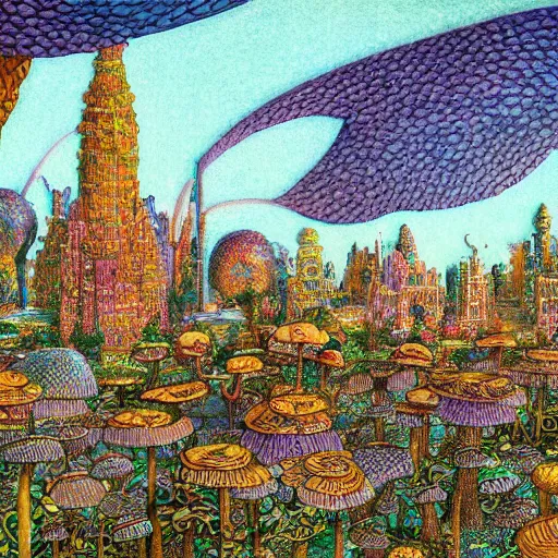 Image similar to city made of mushrooms and plants, 1 9 2 0 ’ s colored pencil, highly detailed, highly accurate, abstract art, deep aesthetic, 8 k, highly ornate intricate details, cinematic lighting, rich colors, ray tracing, hyperrealistic, photorealistic, cinematic landscape, trending on artstation,