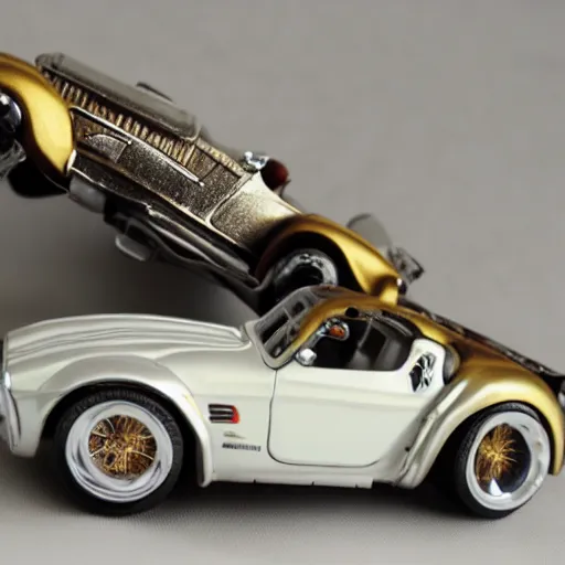 Prompt: 3 5 mm photo of metallic white steampunk shelby like hot wheels model