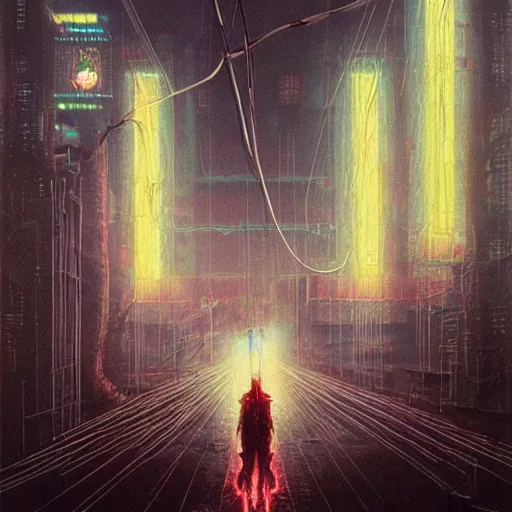 Image similar to cyberpunk dystopian cyborg hyena, wires and glowing lights, beksinski style, realism