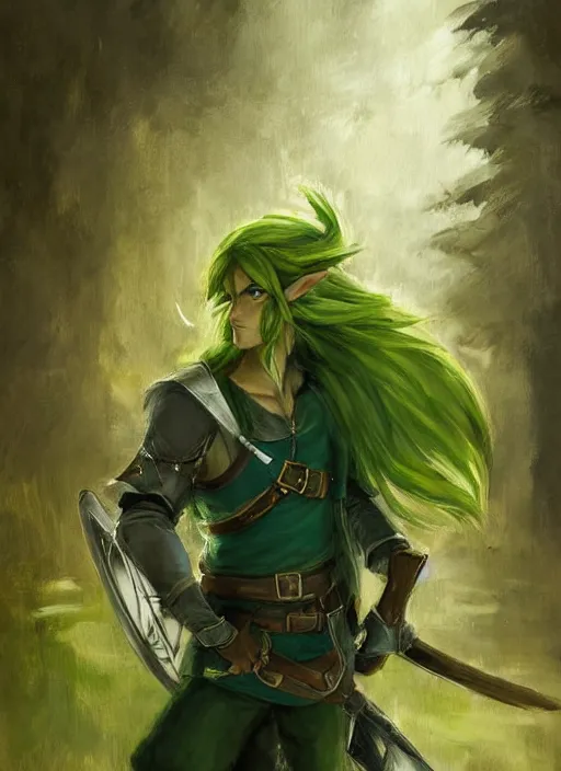 Image similar to character study painting of Link from Legend of Zelda Twilight Princess with golden hair and a long green pointed cap flowing in the wind, by Jeremy Mann, stylized, detailed, realistic, loose brush strokes, intricate, intimate, dark fantasy vibes, muted colors