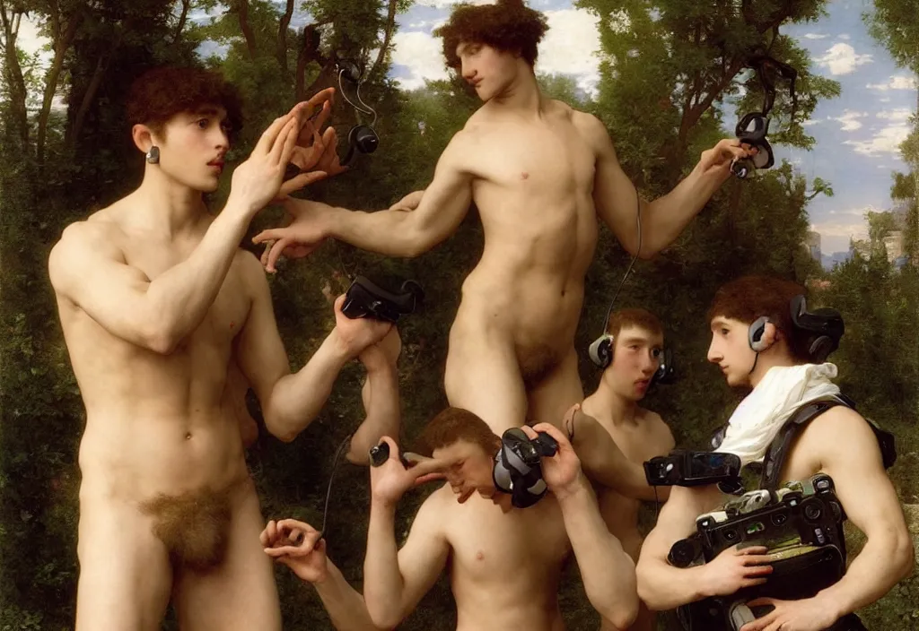 Image similar to pre-Raphaelite male muscular athletic gamers wearing headsets and playing video-games on laptops playstation5 x-box and PC by Bouguereau