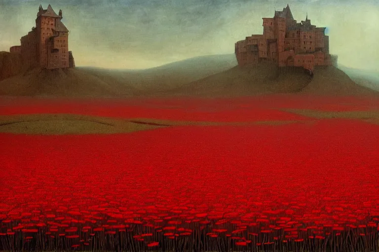 Image similar to only with red, red mushrooms of different types, a red tiger, a castle in the background, medieval demons dance over the flowers, an ancient path, in the style of beksinski, part by hopper, part by rodcenko, part by hofbauer, intricate composition, red by caravaggio, insanely quality, highly detailed, masterpiece, red light, artstation