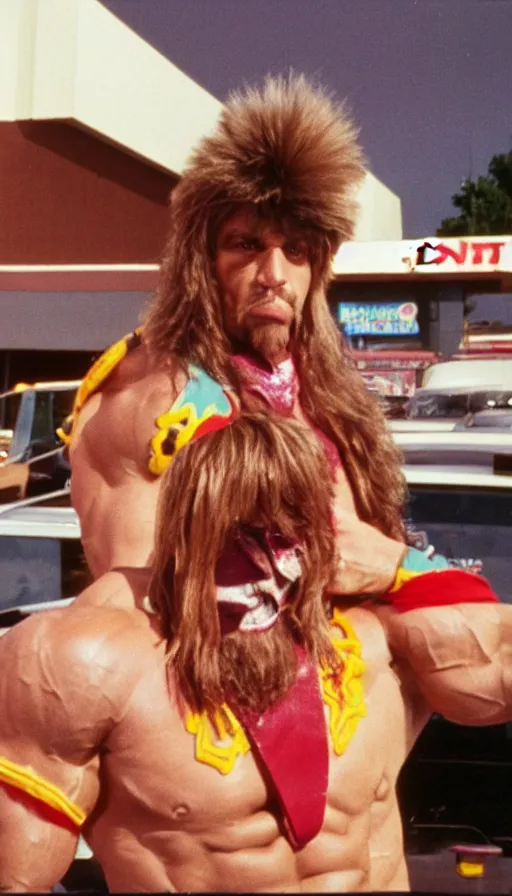 Prompt: a photograph of the ultimate warrior flexing at a 8 0 s burger king, kodachrome, cinecolor, 8 k, high resolution,