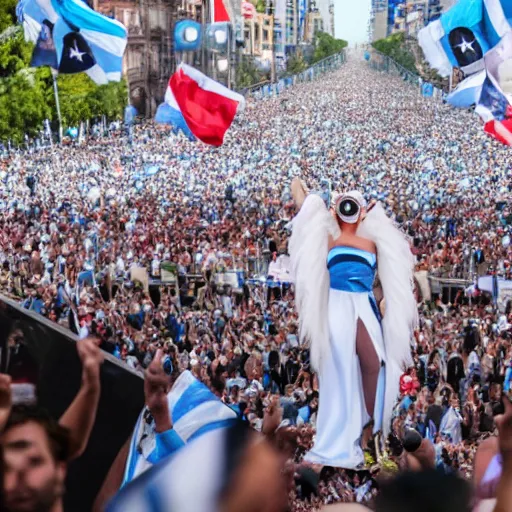 Prompt: Lady Gaga as Evita, Argentina presidential rally, Argentine flags behind, bokeh, epic photo, detailed face, Argentina