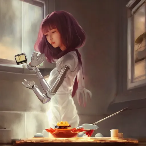 Prompt: a beautiful robot girl cooking breakfast | | cute - fine - face, pretty face, fine details by stanley artgerm lau, wlop, rossdraws, james jean, andrei riabovitchev, marc simonetti, and sakimichan, trending on artstation