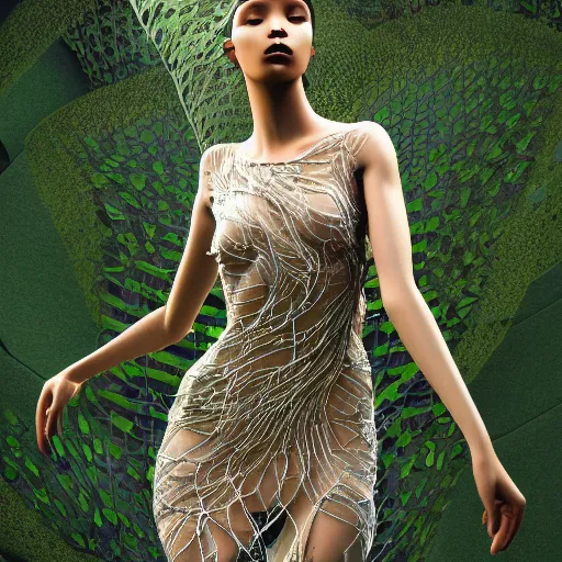 Prompt: a highly detailed ethereal full body digital image of a elegantly posed dancing futuristic woman beautifully intertwined in realistic chrome leafy foliage dress liquid like leaves, full body shot, by Andrew Chiampo, artstation, and Frederik Heyman, extremely detailed woman, stunning volumetric lighting, hyper realism, fantasy, intricate detail, 4k,