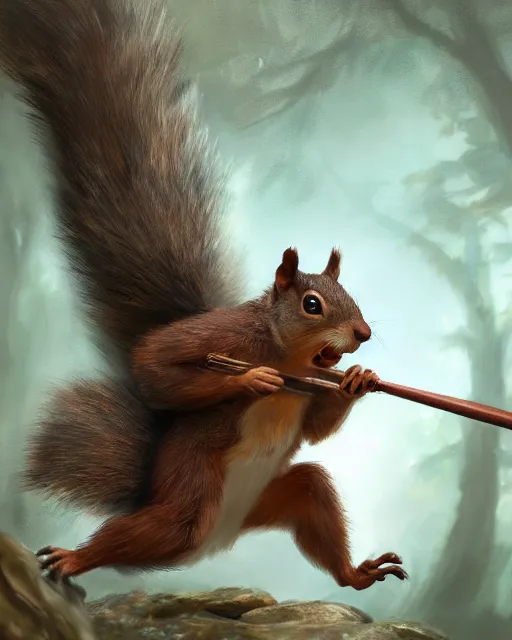 Image similar to oil painting of Anthropomorphized Angry Squirrel attacking, holding spear, wearing leaf cloak, sharp focus, fantasy style, octane render, volumetric lighting, 8k high definition, by greg rutkowski, highly detailed, trending on art Station, magic the gathering artwork, magical forest backround, centered