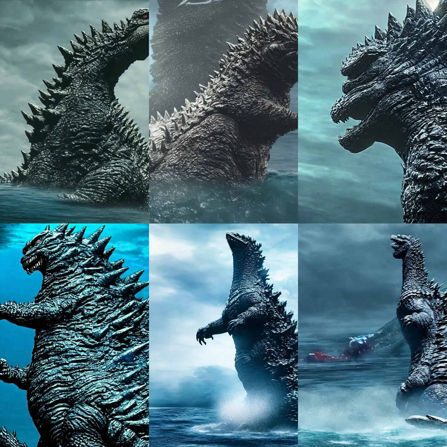 Prompt: Godzilla's back plates sticking out of the water in the middle of the ocean, 4k, high quality