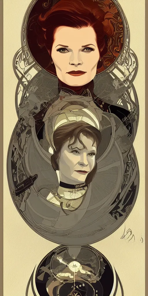 Image similar to star trek Captain Kathryn Janeway art nouveau, amazing details, intricate details ,digital art , illustration, digital painting, trending on artstation, in the style of Alphonse Mucha,