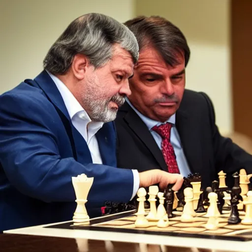 Prompt: photo of luis inacio lula da silva and jair messias bolsonaro playng chess, detailed 4 k