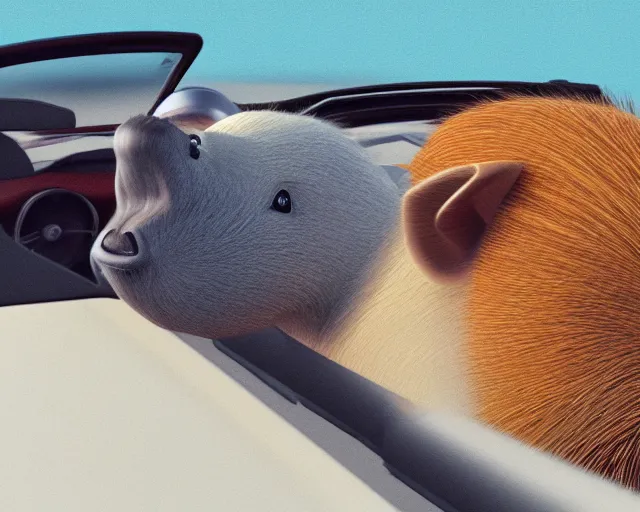 Image similar to capybara speeding in a convertible, octane render, photorealism, cgsociety