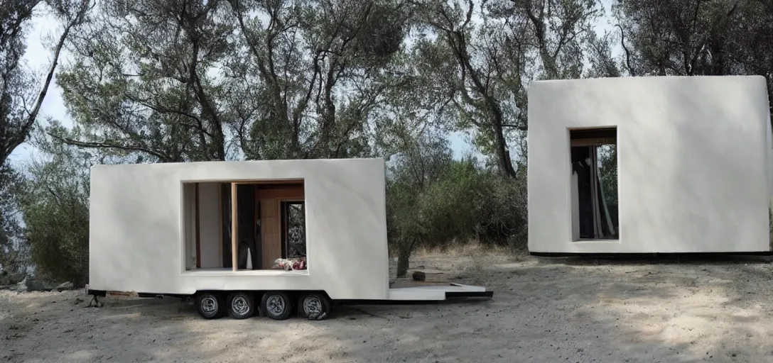 Prompt: greek tiny house on trailer that looks like the parthenon made of marble designed by iktinos and callicrates.