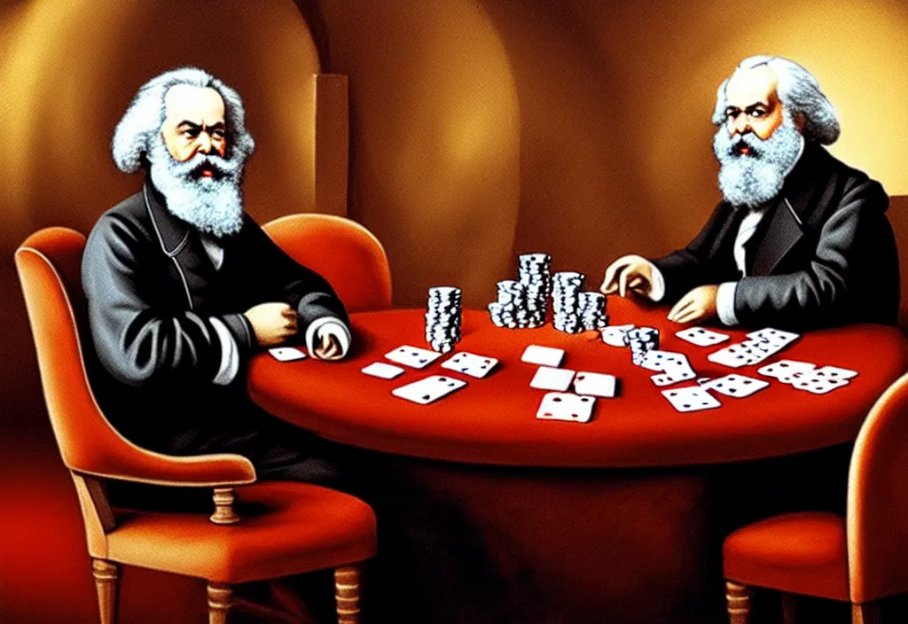 Image similar to Karl Marx playing poker against Lenine in Las Vegas, ultra HD, studio light, photorealism