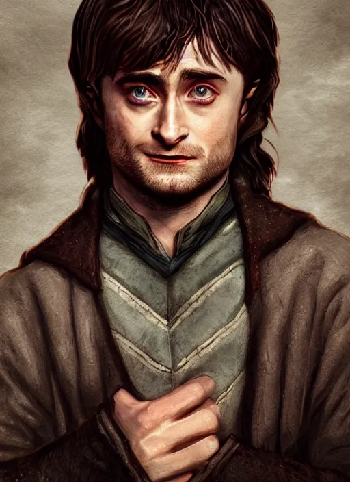 Image similar to A fantasy comic book style portrait painting of Daniel Radcliffe as a hobbit in dark castle setting, unreal 5, DAZ, hyperrealistic, octane render, RPG portrait, dynamic lighting