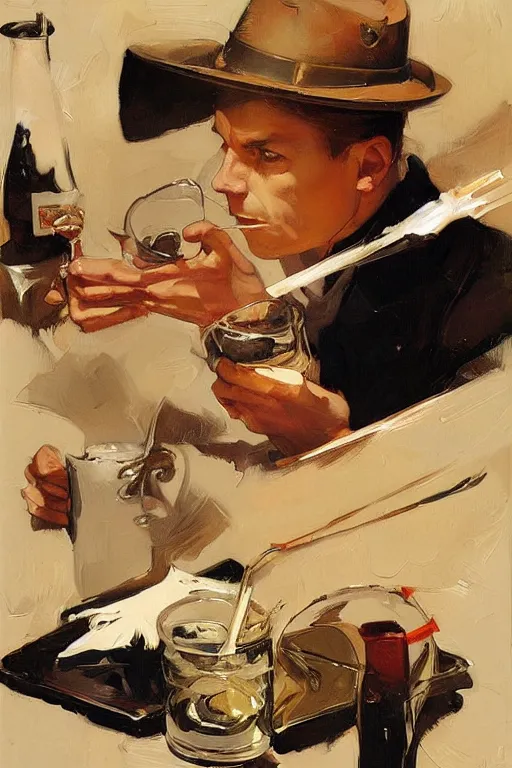 Image similar to report of the week food review painting by jc leyendecker!! phil hale!, angular, brush strokes, painterly, vintage, crisp