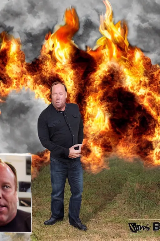 Image similar to Alex Jones burning a giant pile of 45 million dollars. Photo realistic. Award winning