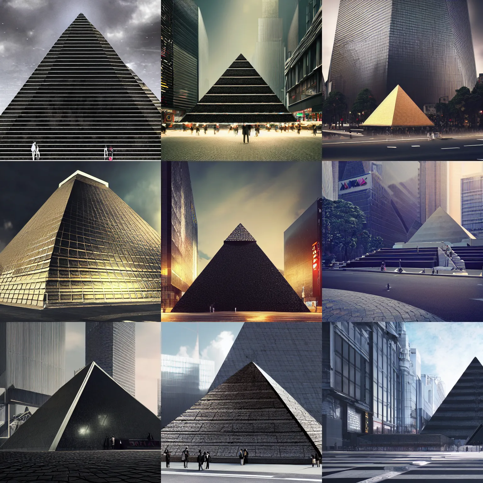 Prompt: black metallic pyramid outside shibuya station, rtx rendering, octane render 1 2 8 k, maya, extreme high intricate details, digital anime art by ross tran, medium shot, composition dramatic lighting