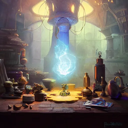 Prompt: hyper realistic, table, wizards laboratory, greg rutkowski, mortar, pestle, balance with glowing powder, energy flowing, magic book, beakers of colored liquid, tony sart