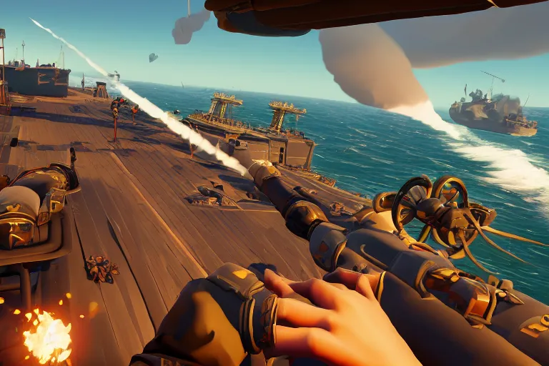 Image similar to Gameplay screenshot of an aircraft carrier!!! in Sea of Thieves!!! with jets bombing!!! a galleon, Unreal Engine