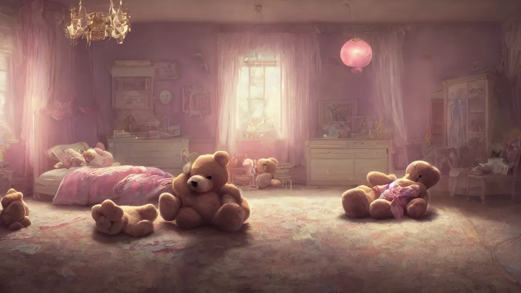 Image similar to a Photorealistic hyperrealistic render of an interior of a beautifully decorated spoiled child's beautiful bedroom with a giant teddy bear sitting on the floor by PIXAR,Greg Rutkowski,WLOP,Artgerm,dramatic moody sunset lighting,long shadows,Volumetric, cinematic atmosphere, Octane Render,Artstation,8k