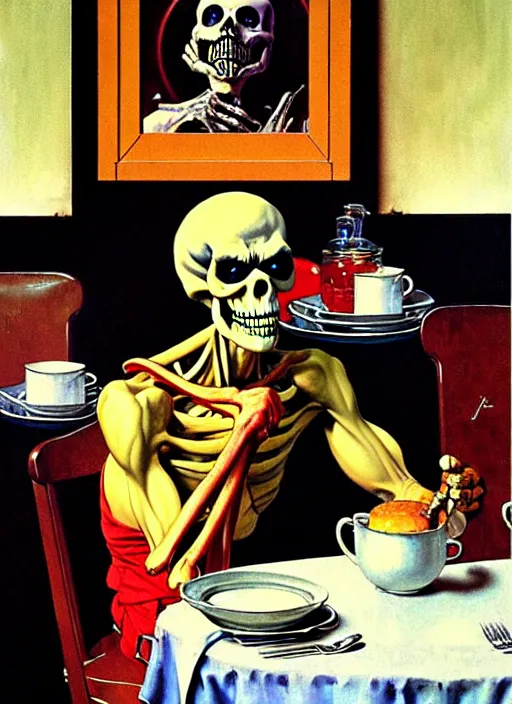 Image similar to a realistic painting of skeletor sitting at the breakfast table by norman rockwell, americana, high quality