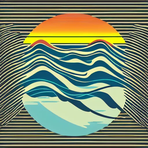 Prompt: a retro vector based illustration about a sunset on the ocean by Mike magnolia, negative space is allowed, black ink on white background, smooth curves