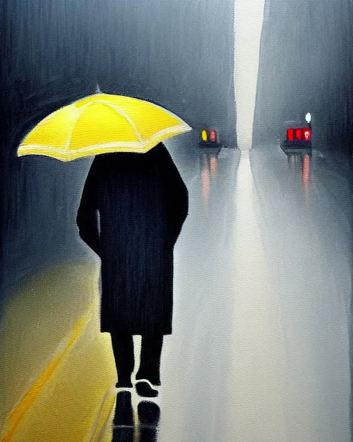 Image similar to a painting of an old man walking down the street, rain, an ultrafine detailed painting, by cabu, featured on deviantart, detailed painting, deviantart