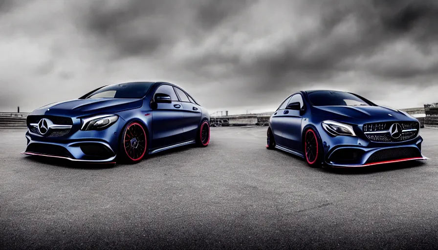 Prompt: a car and driver magazine photo shot, a dark blue 2019 Mercedes cla 45 AMG heavily modified and customized as a performance tune street racing, black rims, samurai vinyl wrap, cinematic lighting, art station, volumetric light, low angle camera, redshift render, octane render, art station
