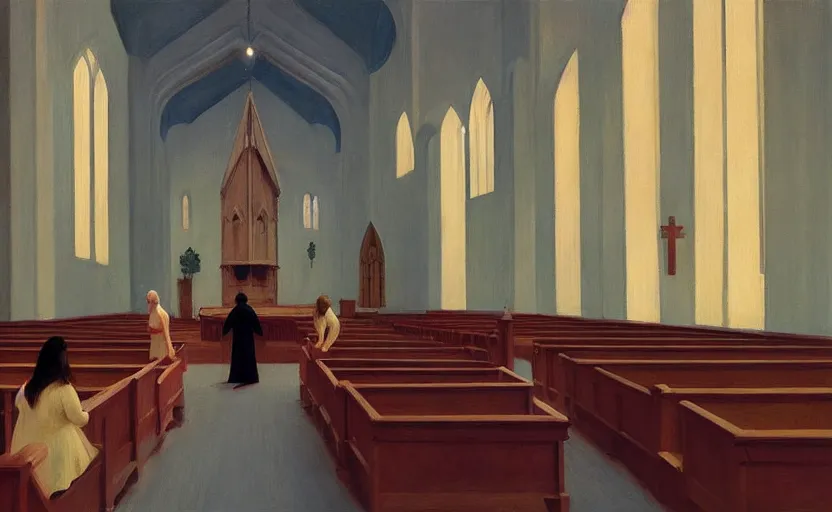 Prompt: inside a church with womens praying wearin black dress, very coherent, painted by Edward Hopper, Wayne Barlowe, painted by James Gilleard, airbrush, art by JamesJean