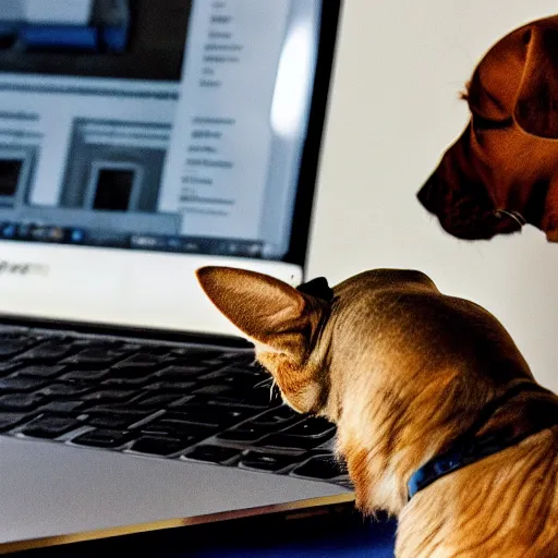 Image similar to cat and dog fixing the website on a laptop, dslr photo, dramatic cool, f4.5