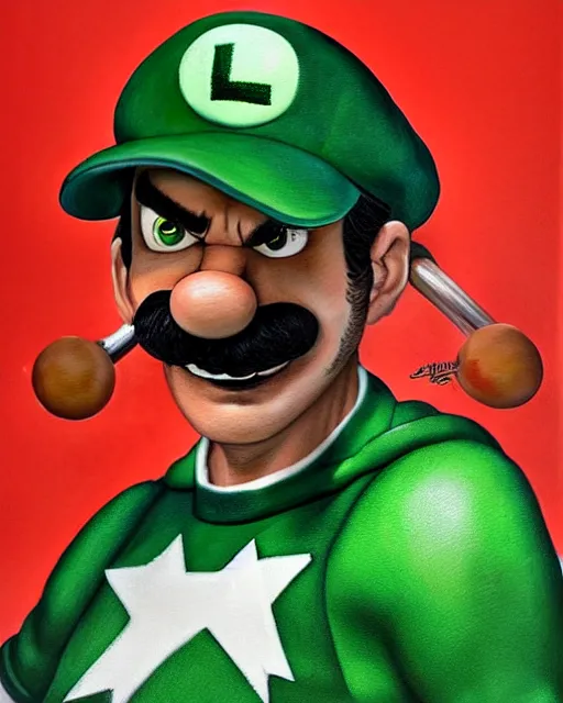 Image similar to portrait of real life super luigi, green cap, gritty, dark, beautiful, very detailed, hyperrealistic, medium shot, very detailed painting by Glenn Fabry, by Joao Ruas