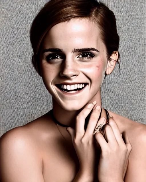 Image similar to A photo of laugh emma watson. she has wedding ring on his fingers. 50 mm. perfect ring. award winning photography