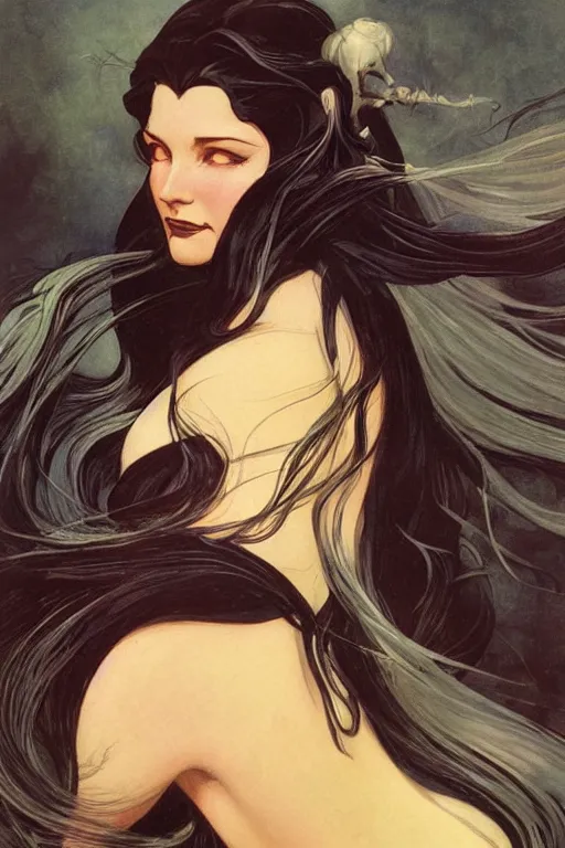 Prompt: dark evil beautiful mermaid with long flowing hair, by N.C. Wyeth, j.c. Leyendecker, face by Otto Schmidt